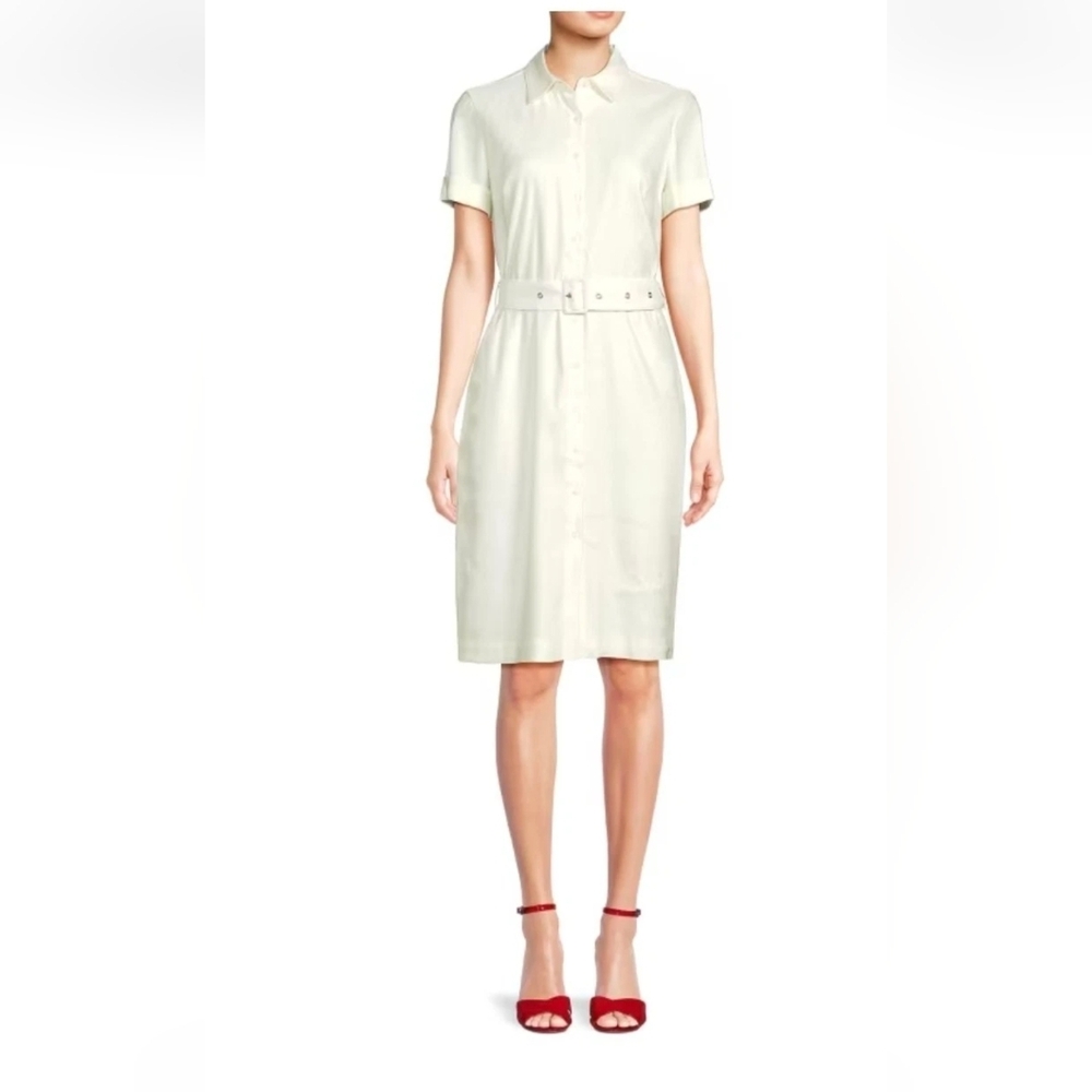Calvin Klein Cream Short-Sleeve Belted Shirt Dress